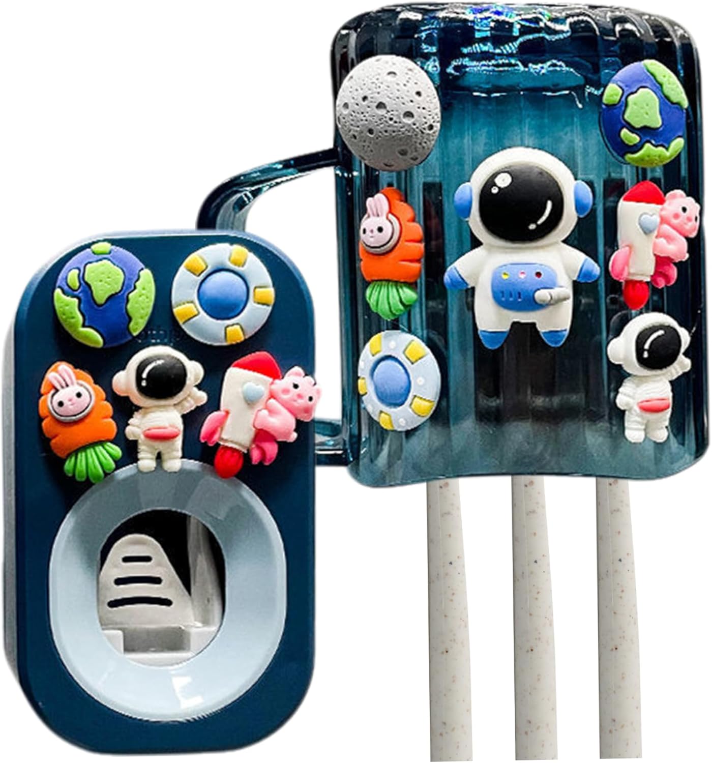 Creative kids toothbrush holder set with mouthwash cup cosmonaut-themed bathroom organizer