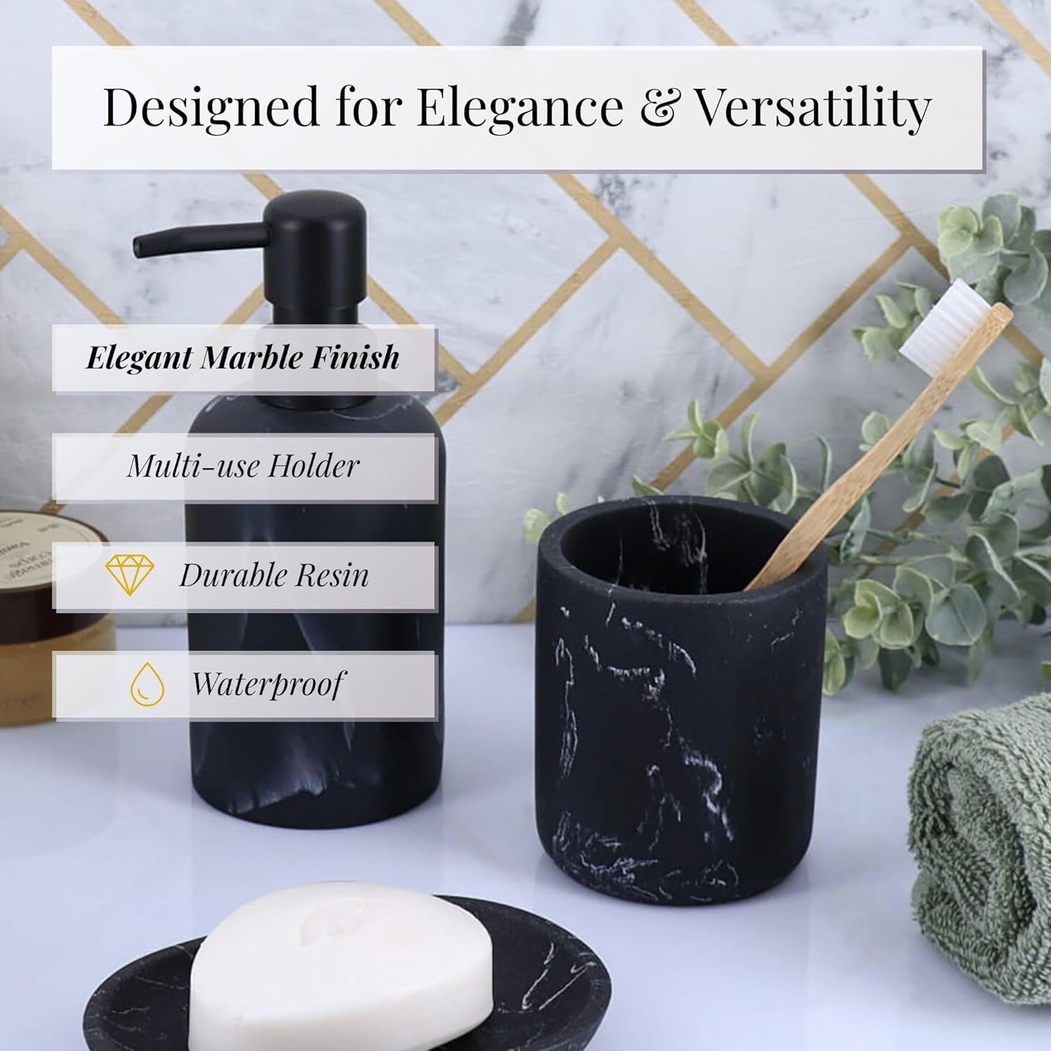 Elegant Black Marble Toothbrush Holder