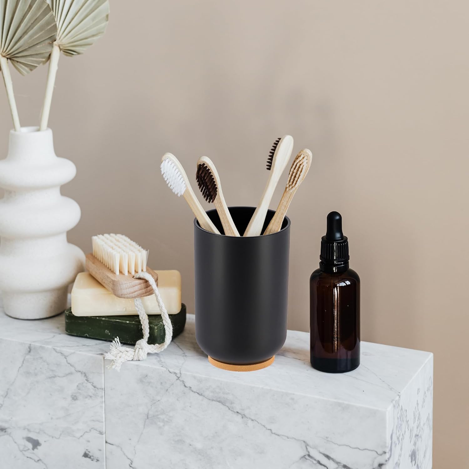 EVIDECO Bamboo Vanity Tumbler Black - Space-Saving Eco-Friendly Toothbrush Holder
