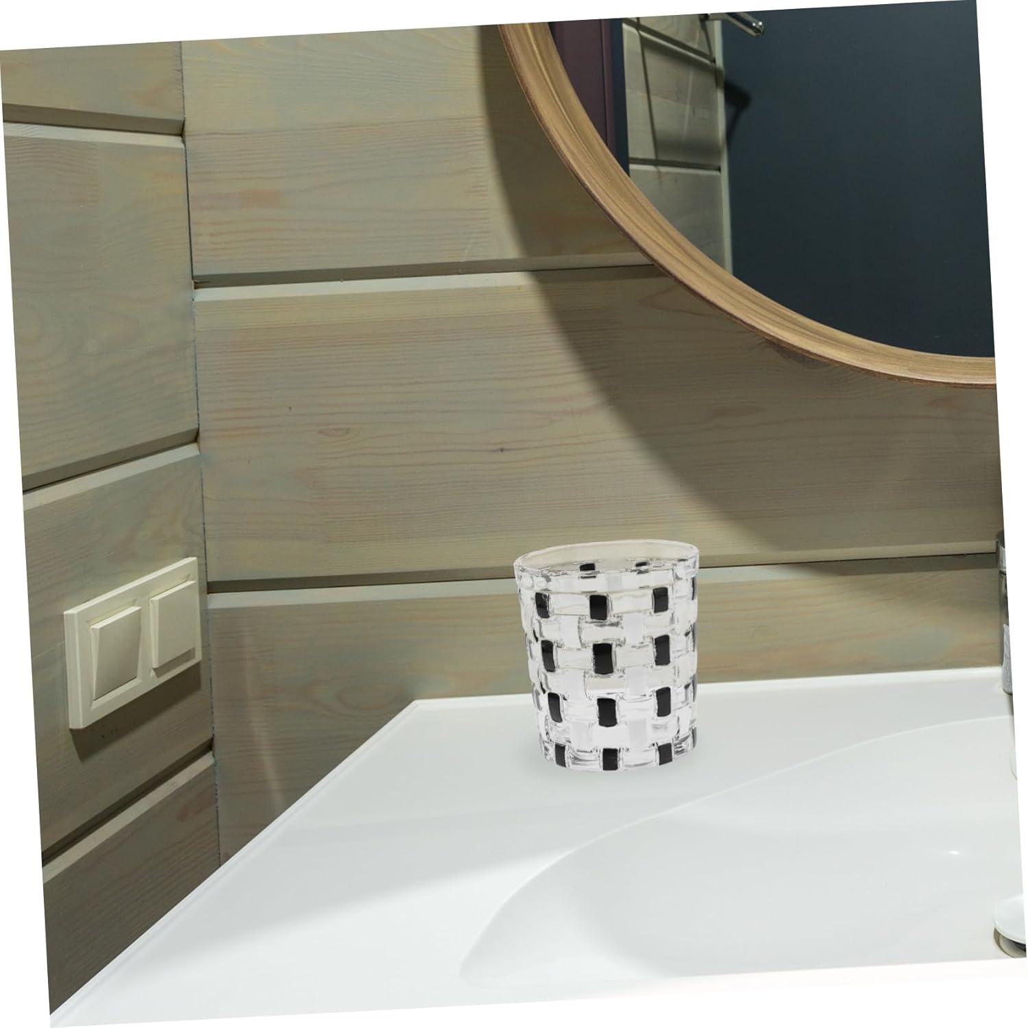 Zerodeko Stylish Glass Toothbrush Cup - Black White Checkerboard Pattern