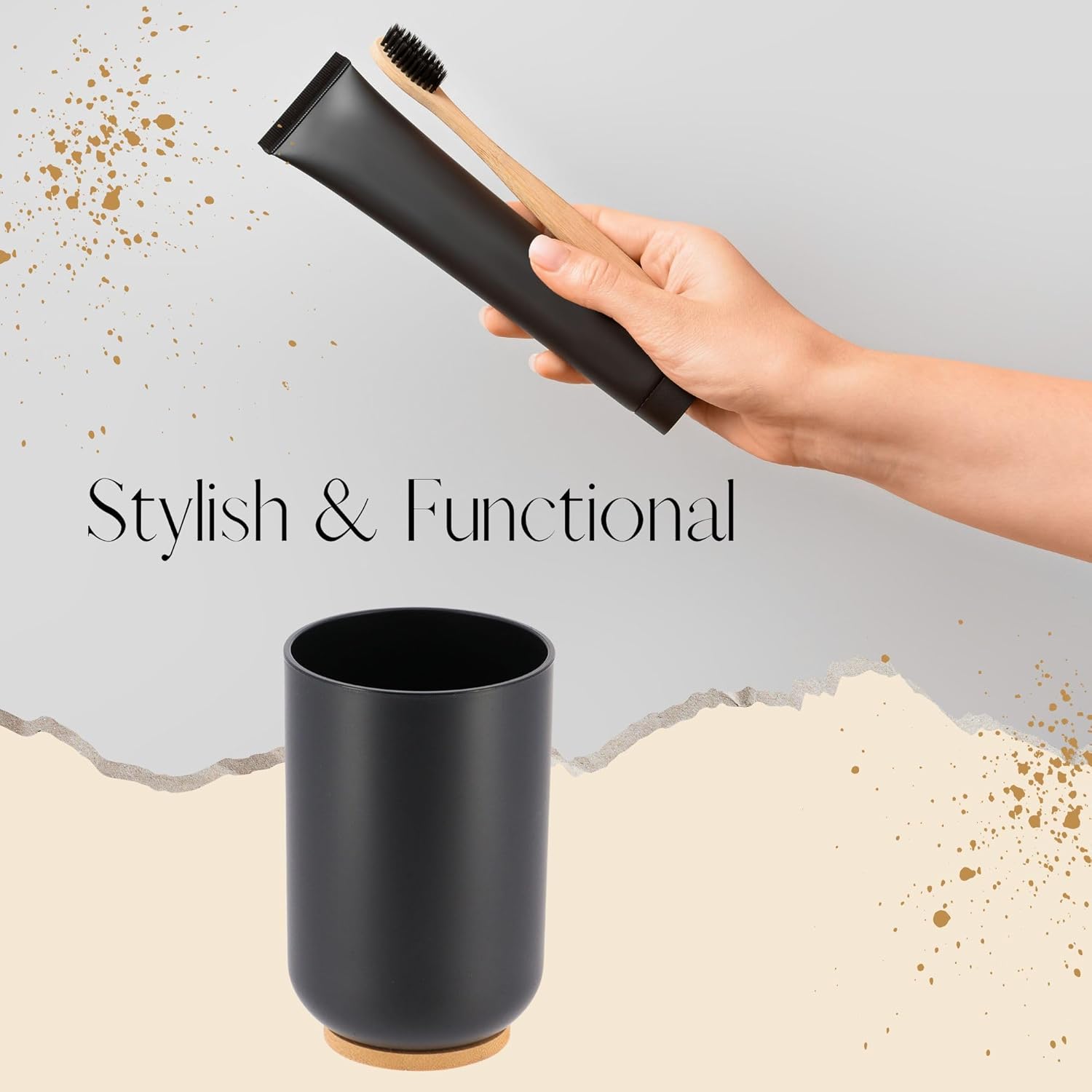 EVIDECO Bamboo Vanity Tumbler Black - Space-Saving Eco-Friendly Toothbrush Holder
