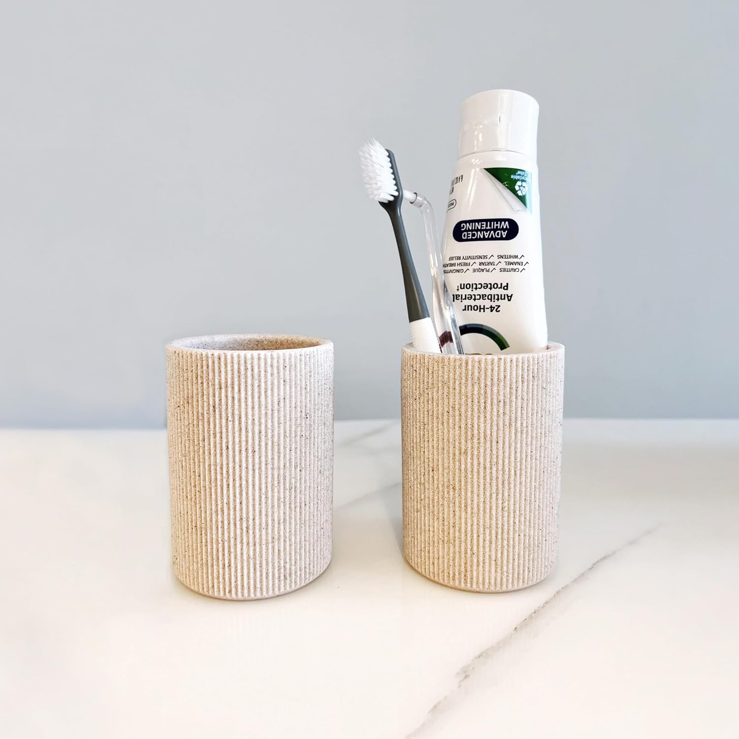 Elegant Sand Beige Toothbrush Holder Boho Farmhouse Style for Bathroom Countertops