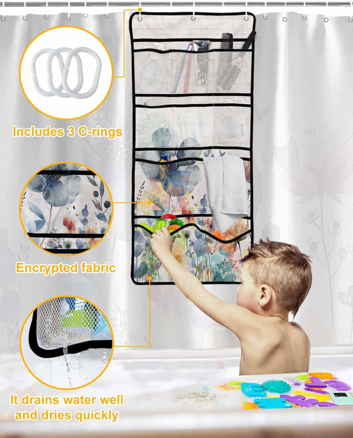 10-Pocket Hanging Shower Organizer with Watercolor Design