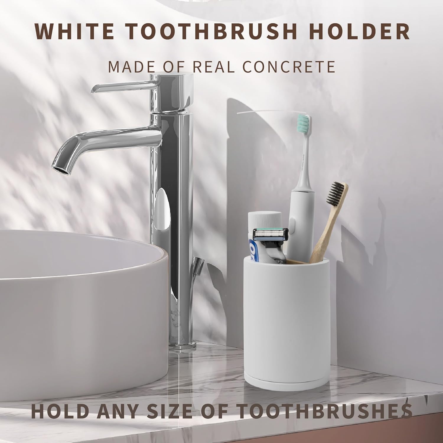 Premium White Plastic Toothbrush Holder with Concrete Base and Bamboo Divider