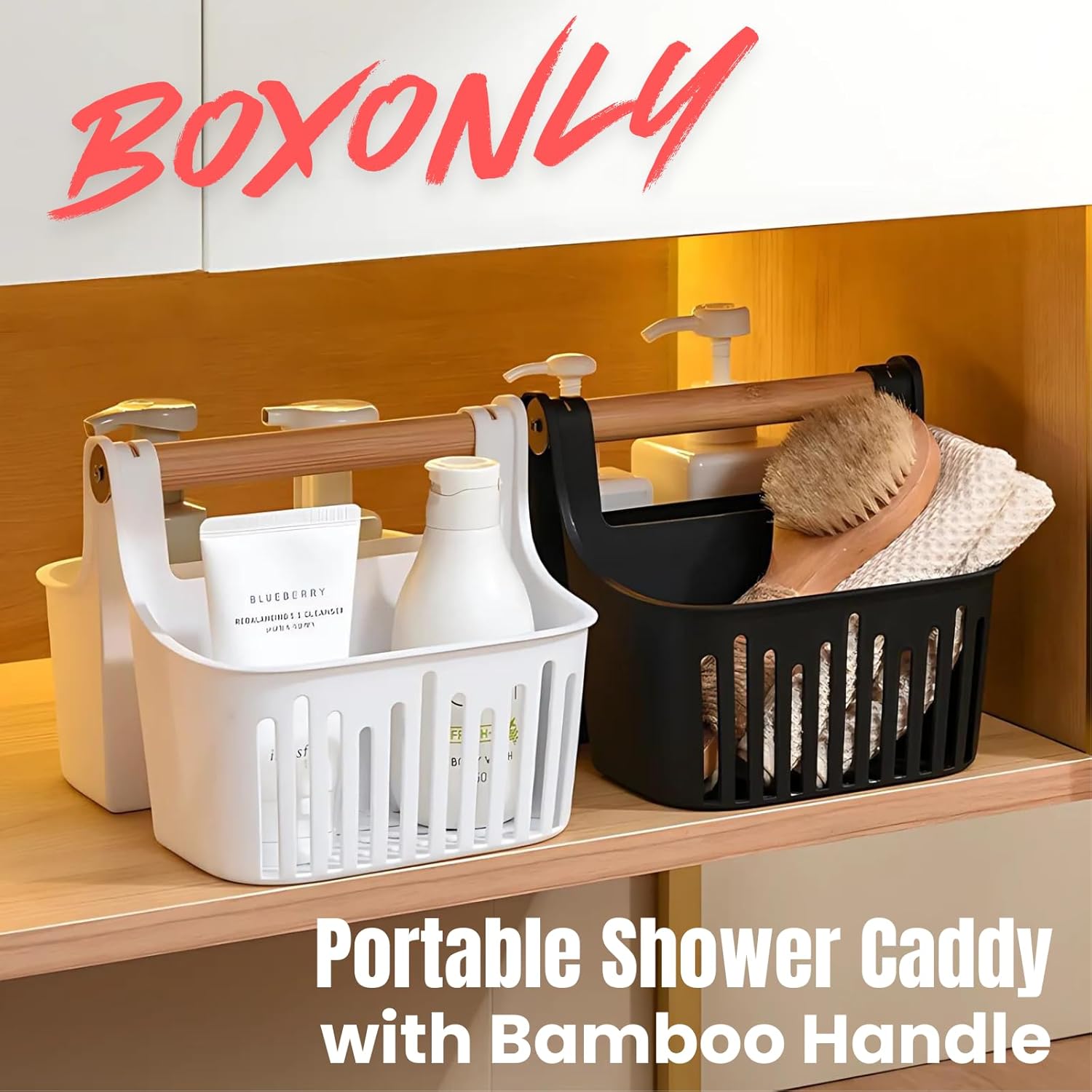 Portable Shower Caddy with Bamboo Handle White