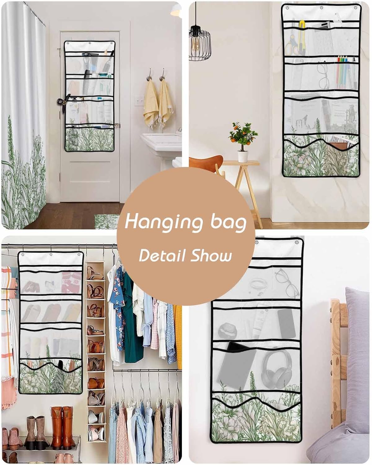 ZFUNCING Shower Curtain Set with Mesh Organizer and Hooks