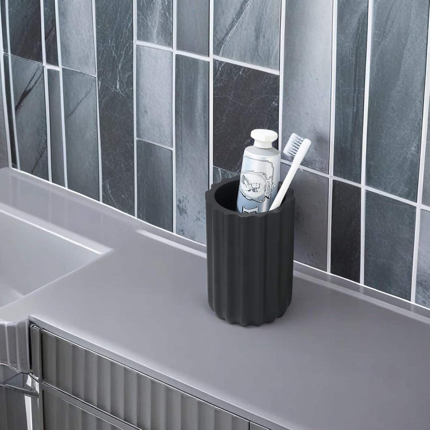 Kmeino Matte Black Bath Organizer for Toothbrushes Makeup
