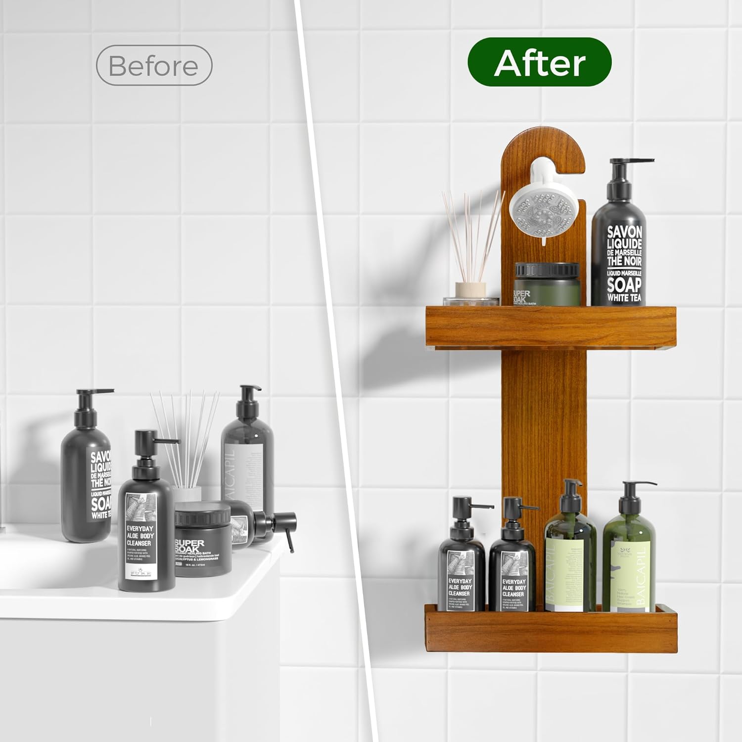 Utoplike Teak Shower Caddy No Drilling Durable Stylish Storage Solution
