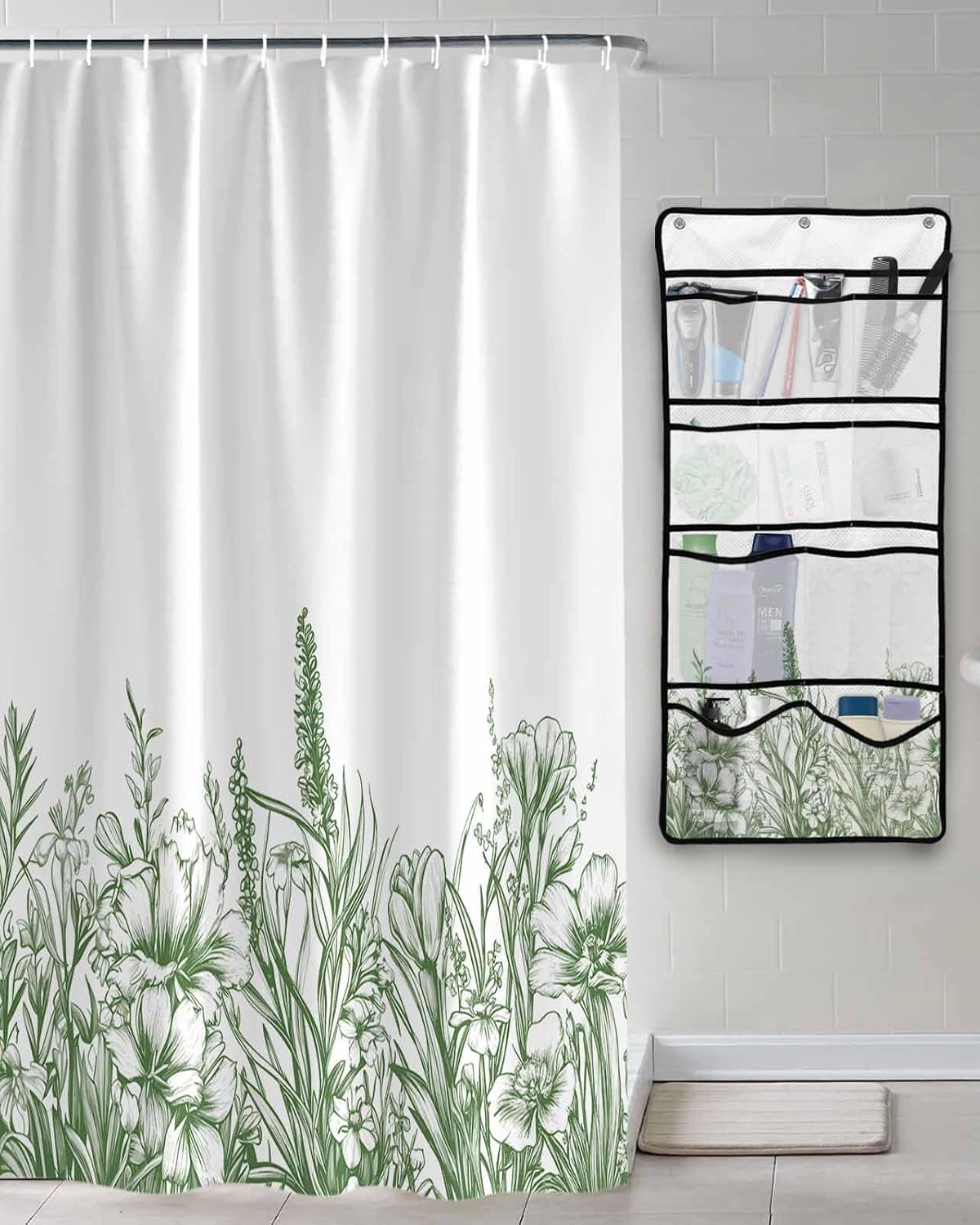 ZFUNCING Shower Curtain Set with Mesh Organizer and Hooks