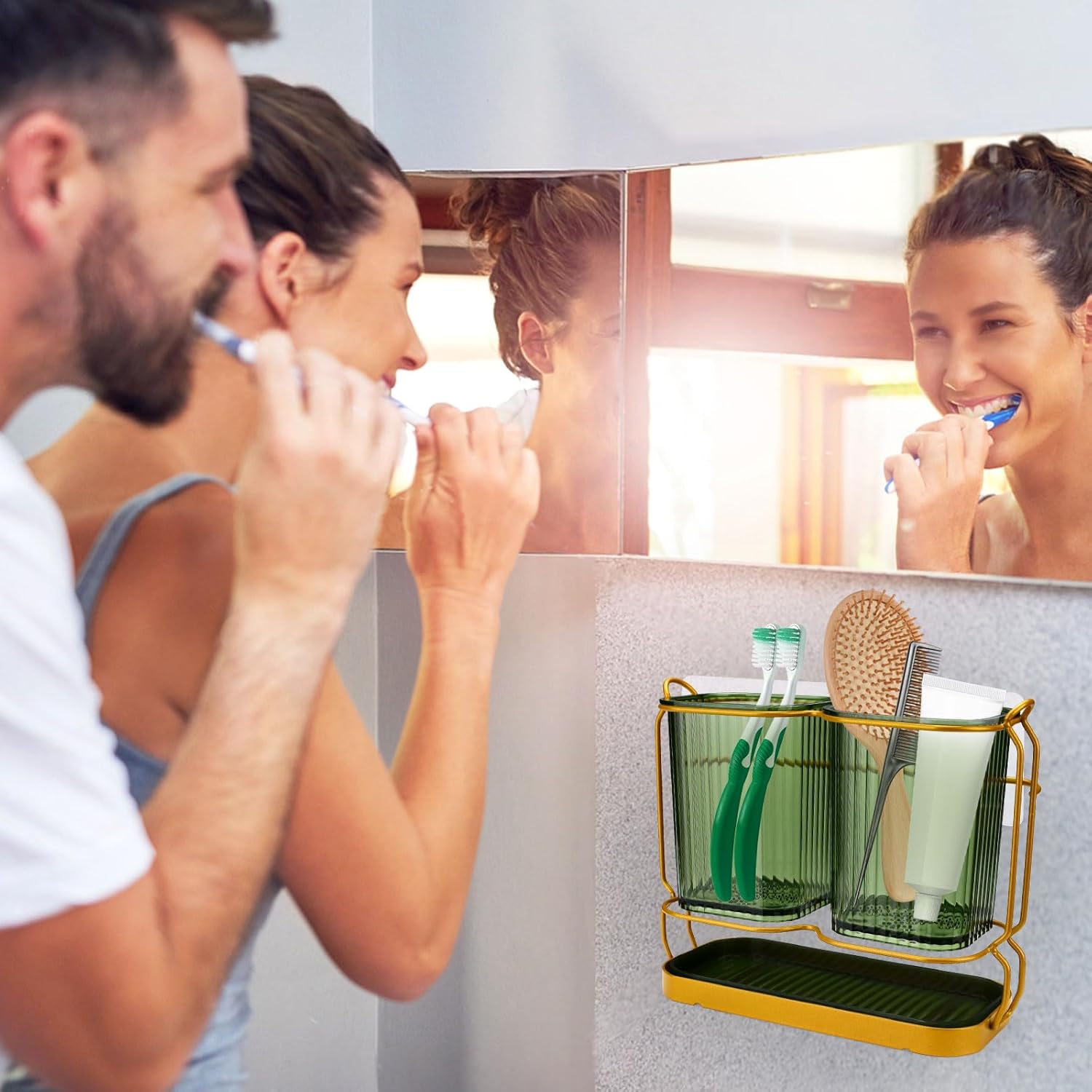 2-Cup Metal Toothbrush Holder Set with Drainage and Organizer