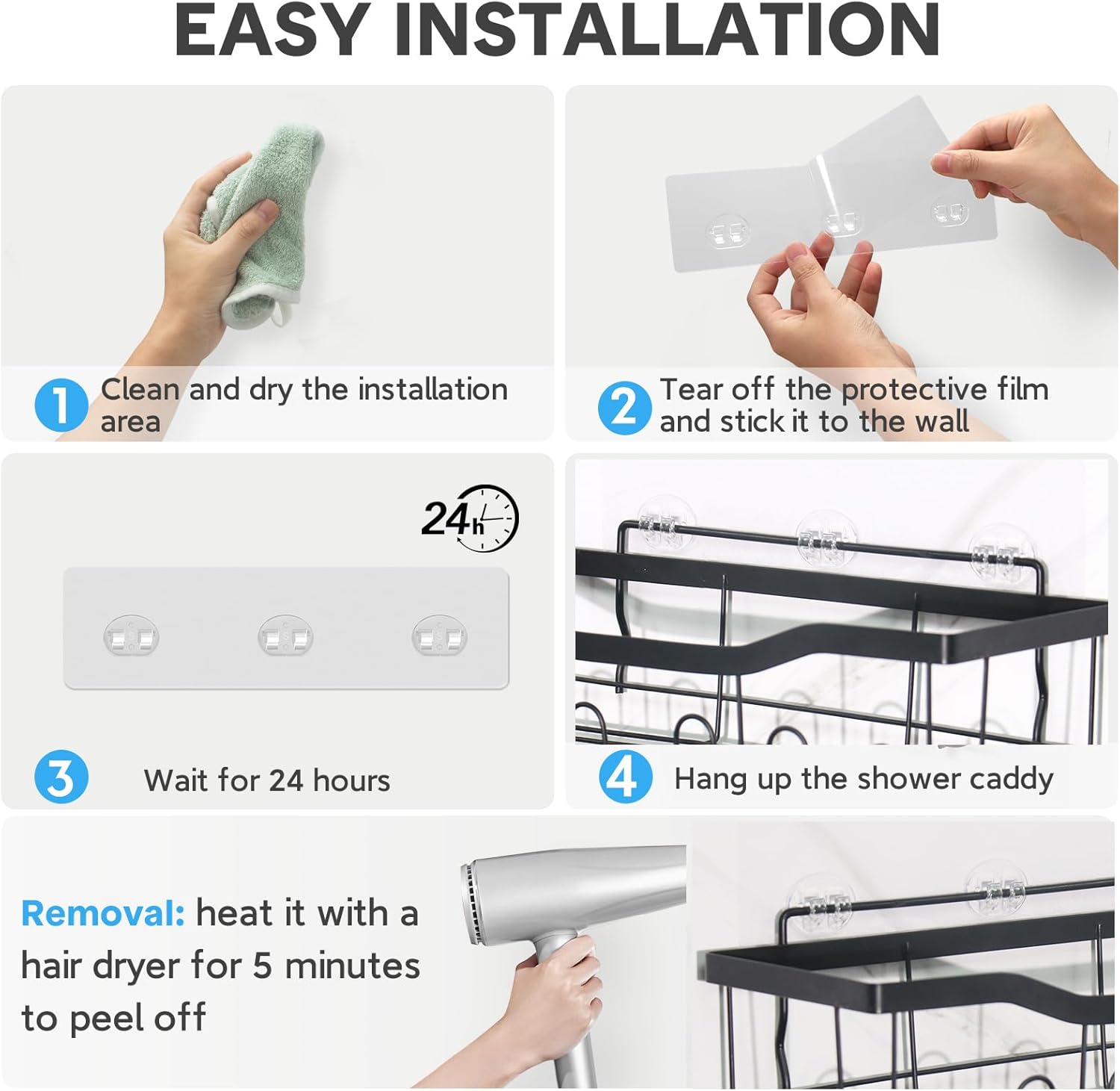 FEPTUASE 4-Piece Adhesive Shower Caddy for Bathroom Kitchen Storage