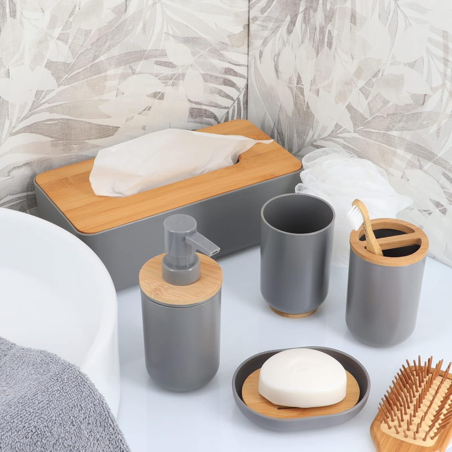 Gray Toothbrush Toothpaste Organizer with Bamboo Top - Chic Bathroom Organizer