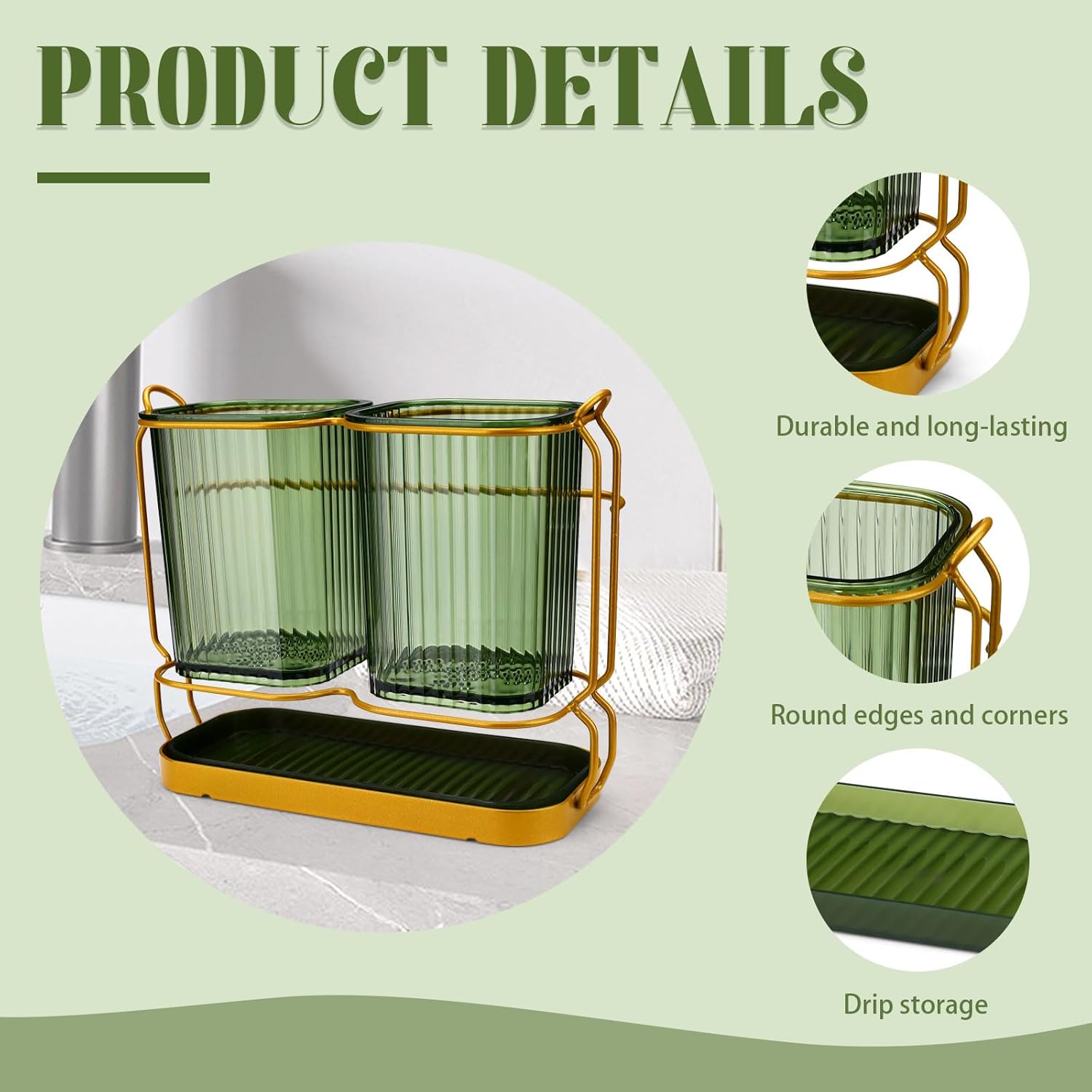 2-Cup Metal Toothbrush Holder Set with Drainage and Organizer