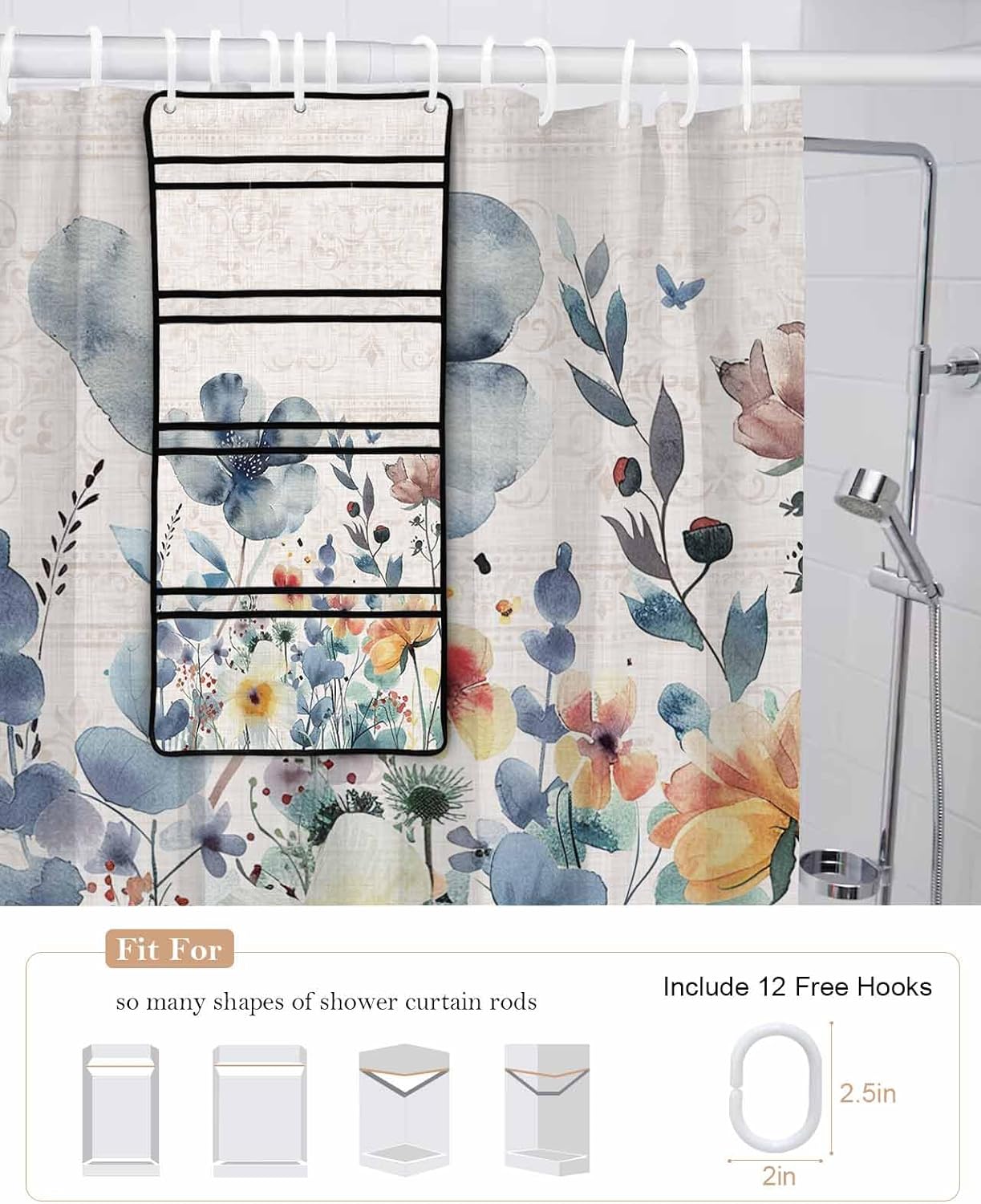 10-Pocket Hanging Shower Organizer with Watercolor Design