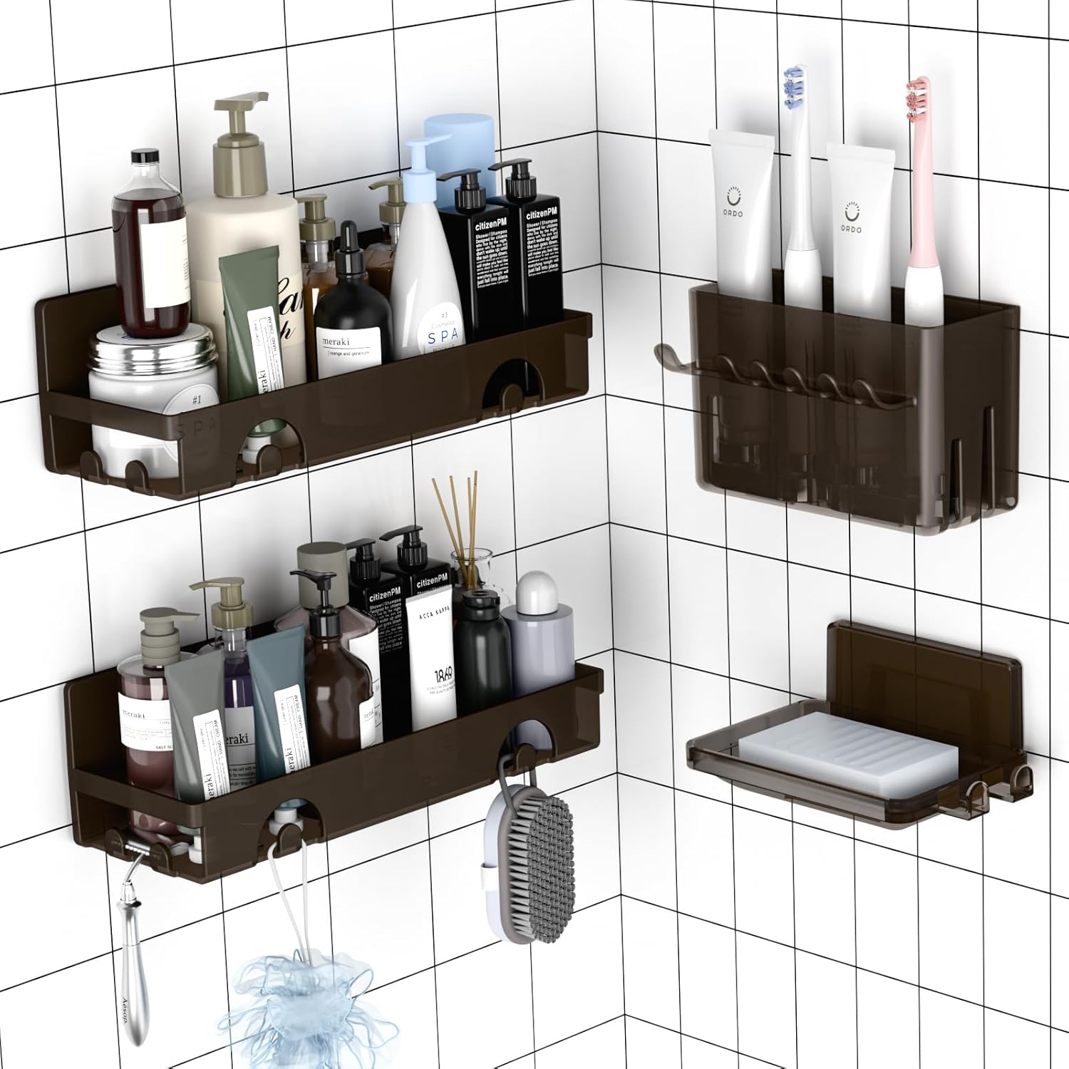 4 Pack Shower Caddy with Adhesive Mount and Storage Holders