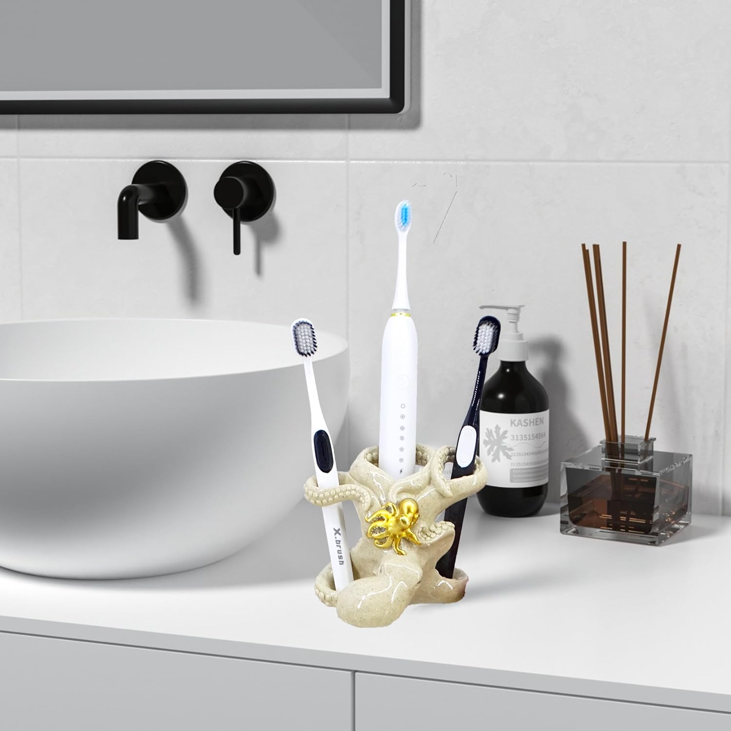 5-inch Gold Octopus Toothbrush Holder - Suction-Cup Bathroom Organizer
