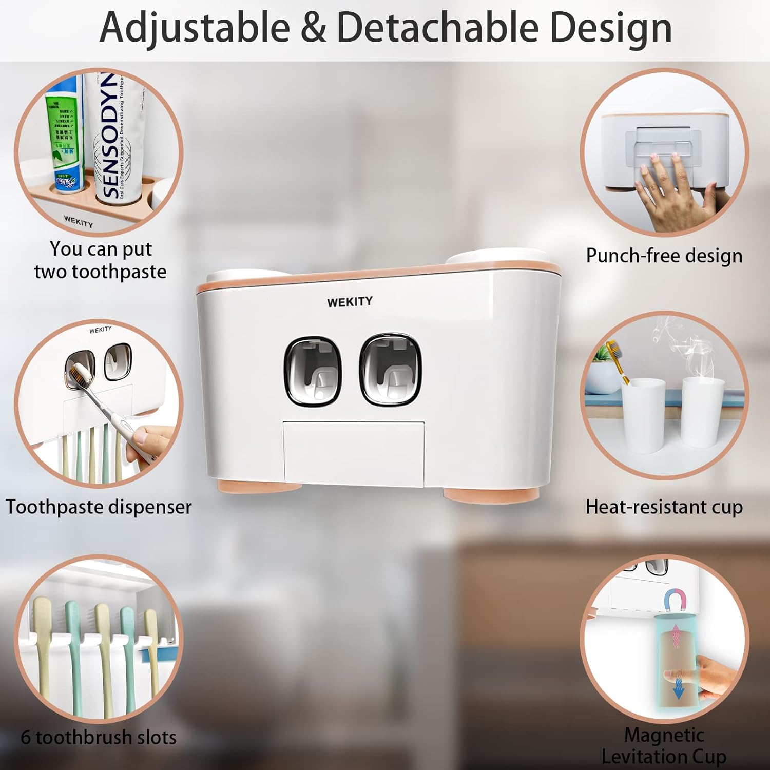 Wekity Multi-Functional Toothbrush Holder with 5 Slots and 4 Cups