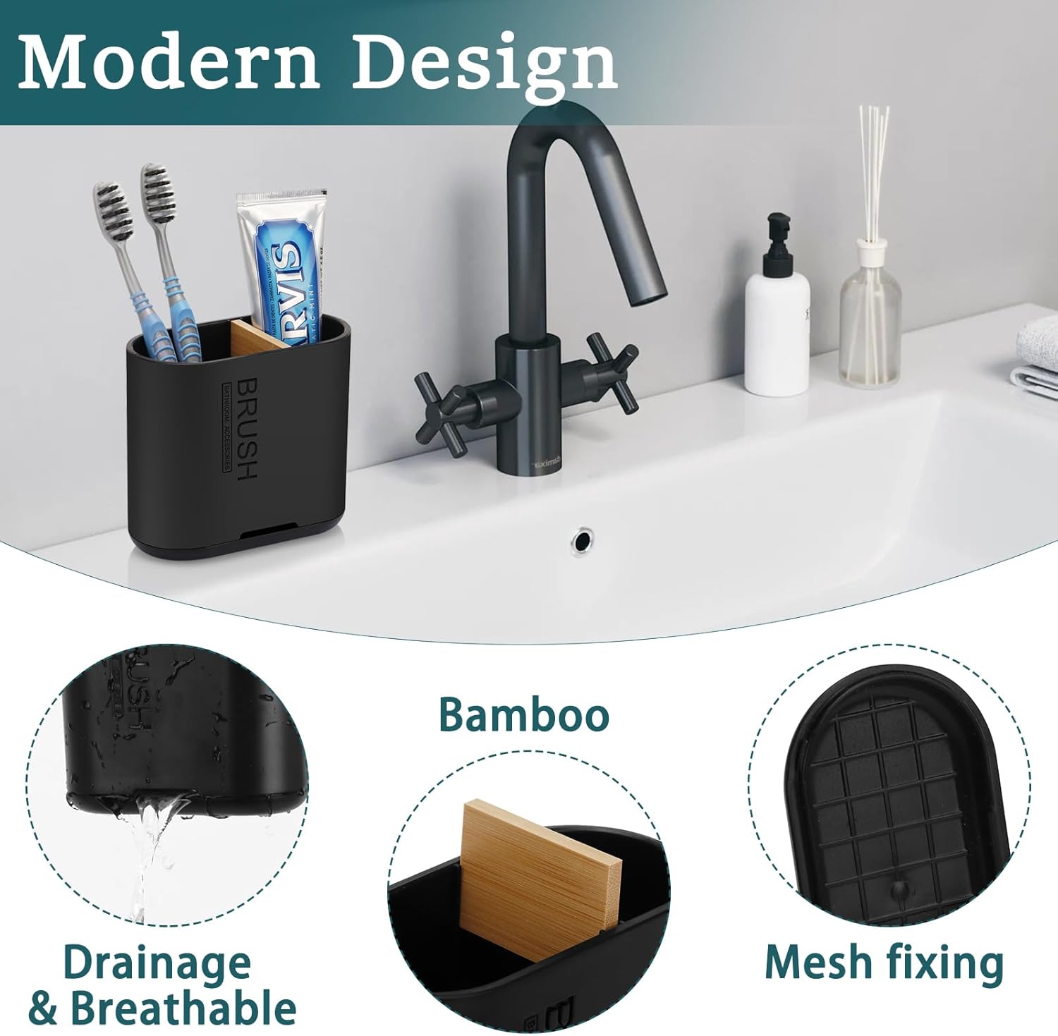 Space-Saving Bamboo Toothbrush Holder Black