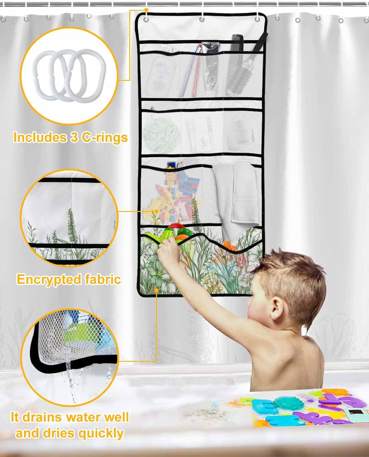 ZFUNCING Shower Curtain Set with Mesh Organizer and Hooks