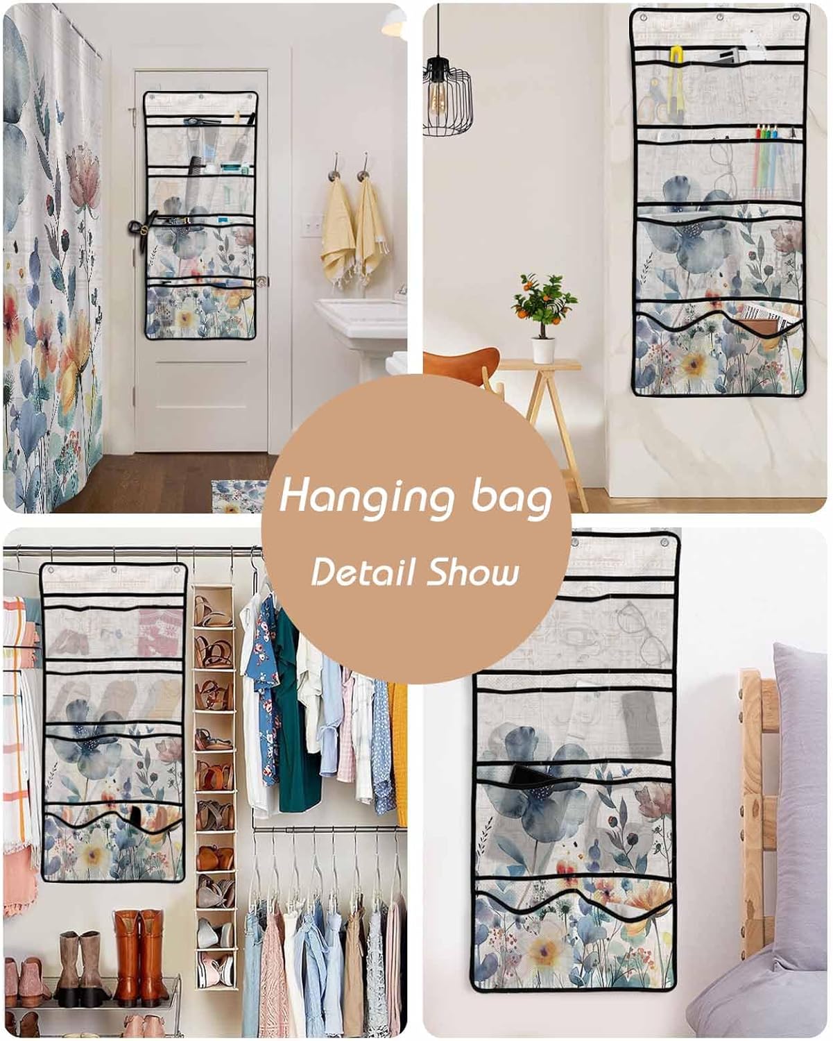 10-Pocket Hanging Shower Organizer with Watercolor Design
