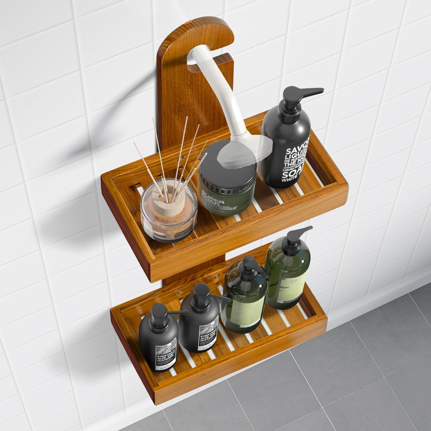Utoplike Teak Shower Caddy No Drilling Durable Stylish Storage Solution