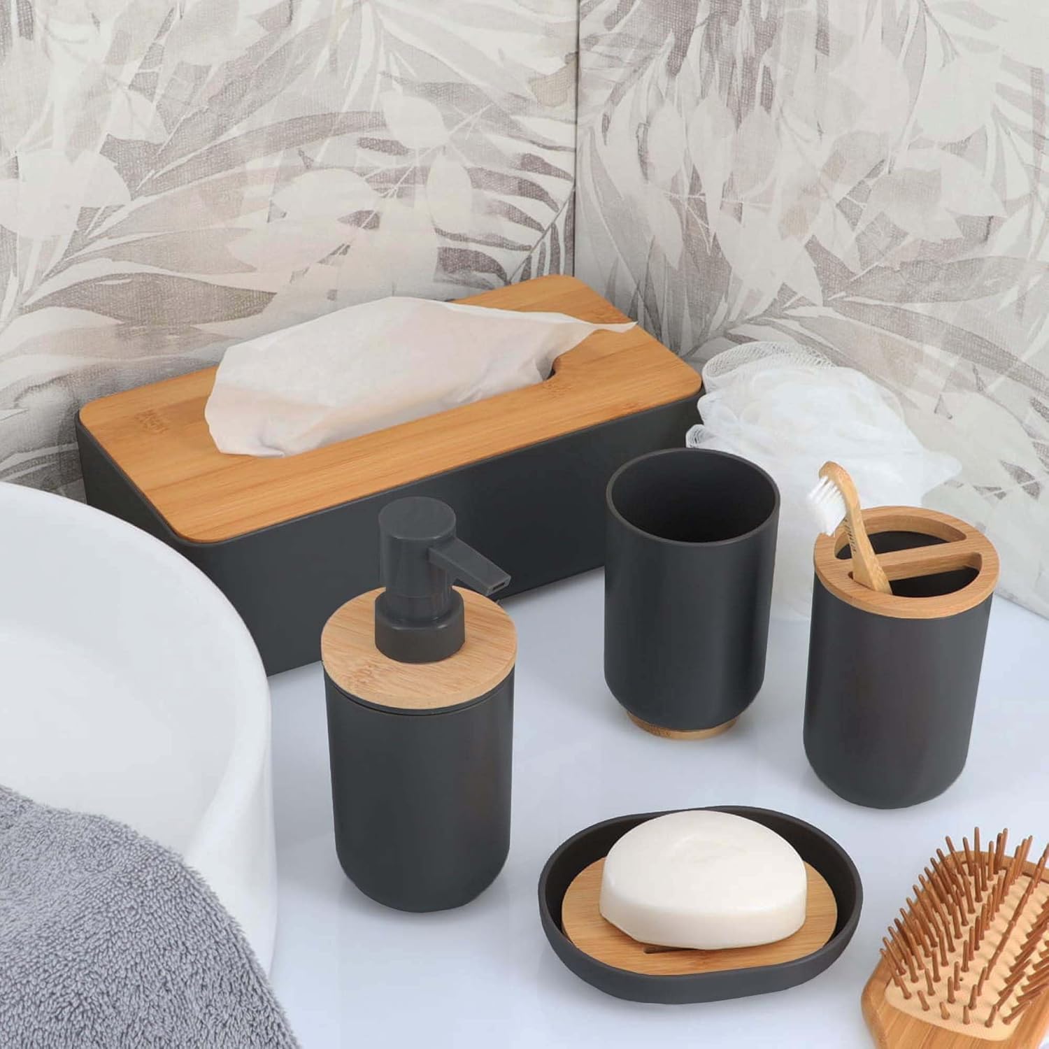 EVIDECO Bamboo Vanity Tumbler Black - Space-Saving Eco-Friendly Toothbrush Holder