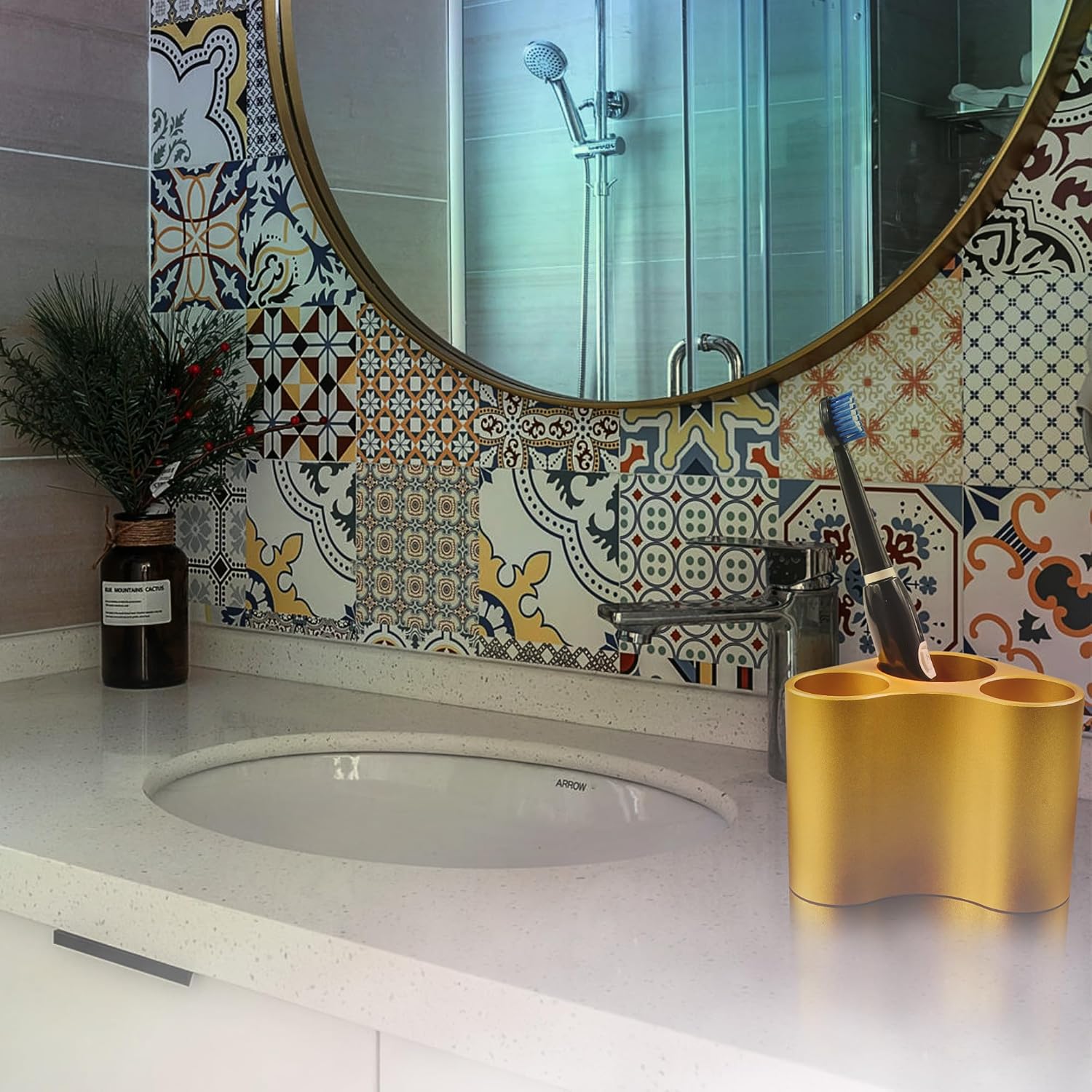 Gold Tone Metal Bathroom Toothbrush Organizer