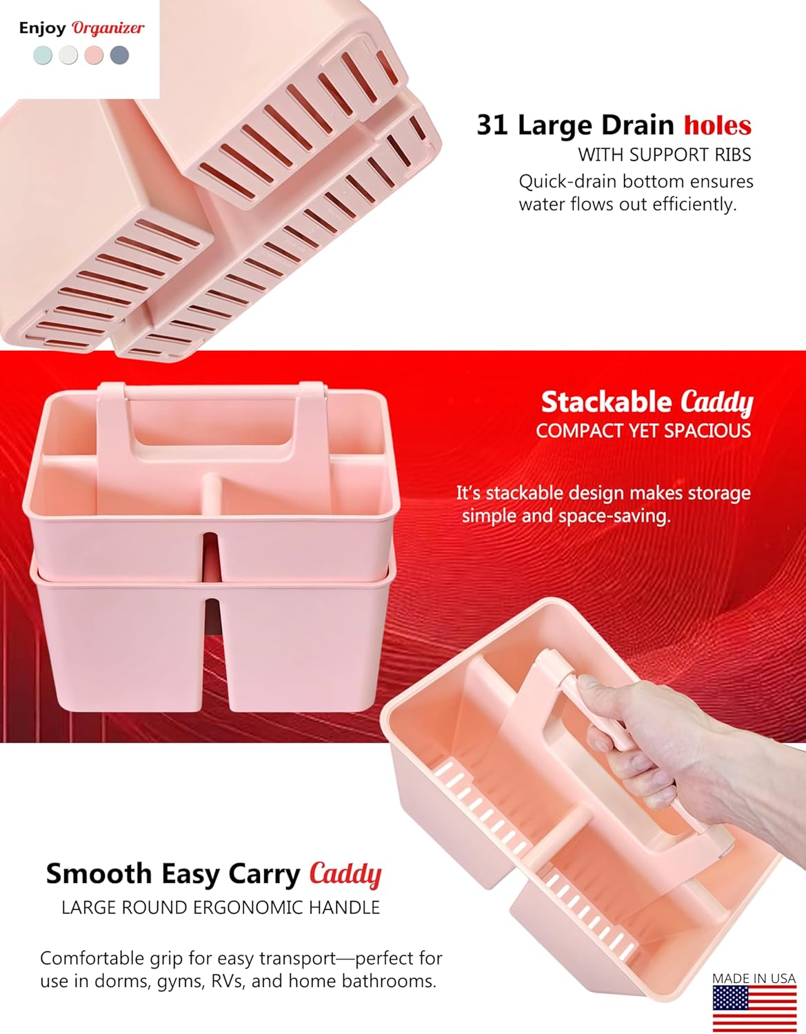 Enjoy Organizer Portable Plastic Shower Caddy 3 Compartments 4 Pack