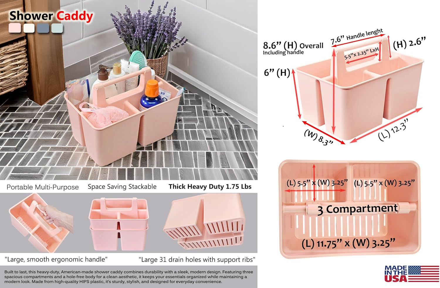 Enjoy Organizer Portable Plastic Shower Caddy 3 Compartments 4 Pack