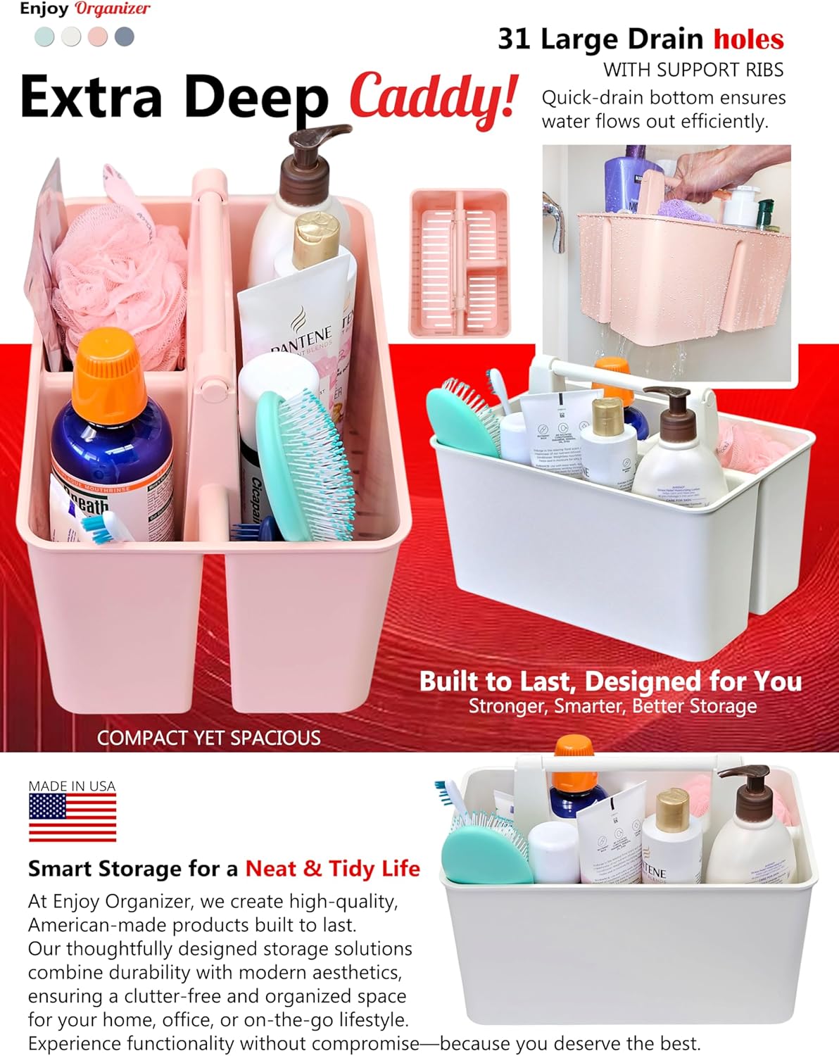 Enjoy Organizer Portable Plastic Shower Caddy 3 Compartments 4 Pack
