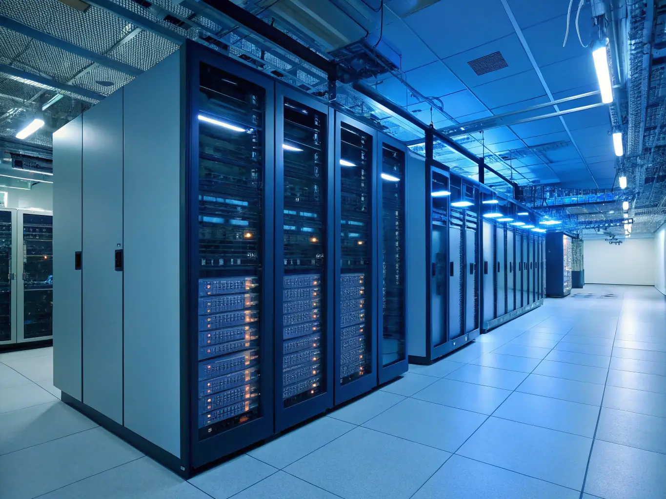 A secure data center with servers and network equipment, symbolizing cybersecurity measures and data protection.