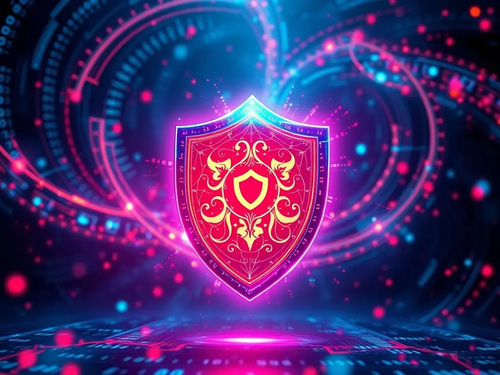 A secure network infrastructure with multiple layers of protection, visualized as a digital shield safeguarding sensitive data. The image should represent robust cybersecurity measures and data protection.