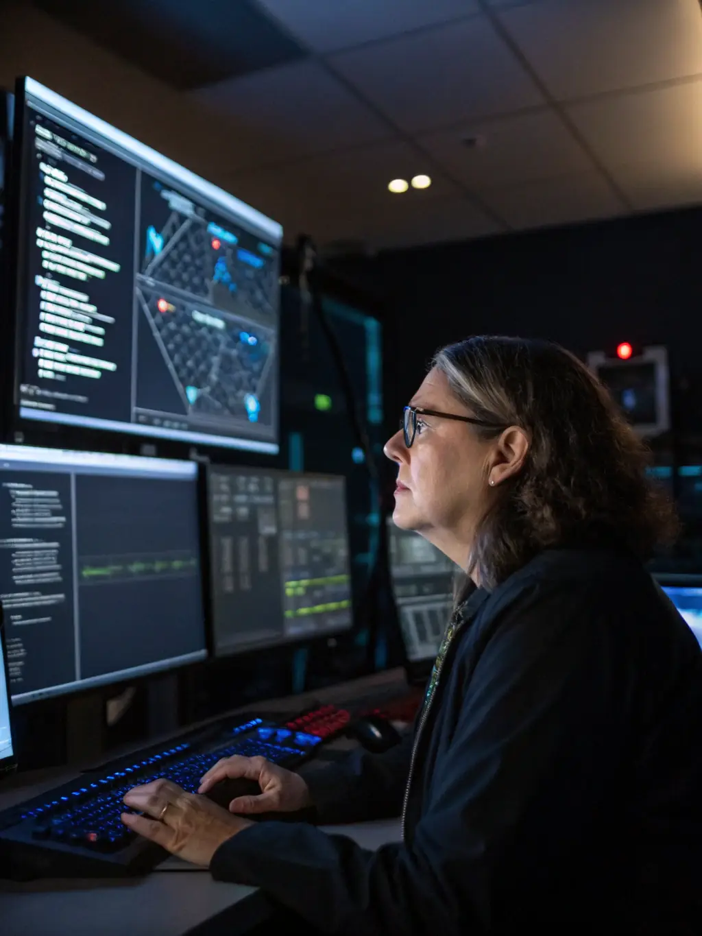 A network engineer monitoring network traffic and security logs in a data center environment, ensuring network stability and security.