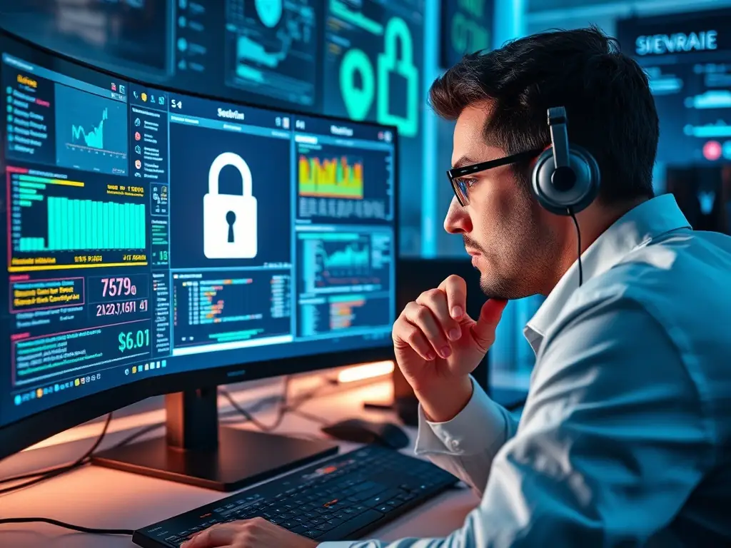 A cybersecurity expert analyzing data on a computer screen, with various security alerts and network diagrams visible in the background, emphasizing the importance of data protection.