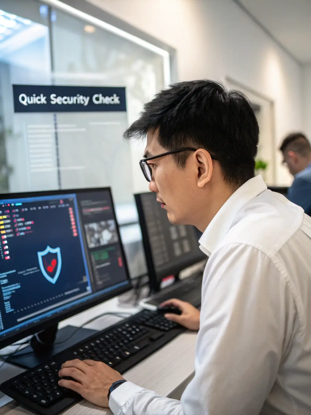 A cybersecurity expert analyzing data on a computer screen with security alerts, highlighting the importance of data protection.