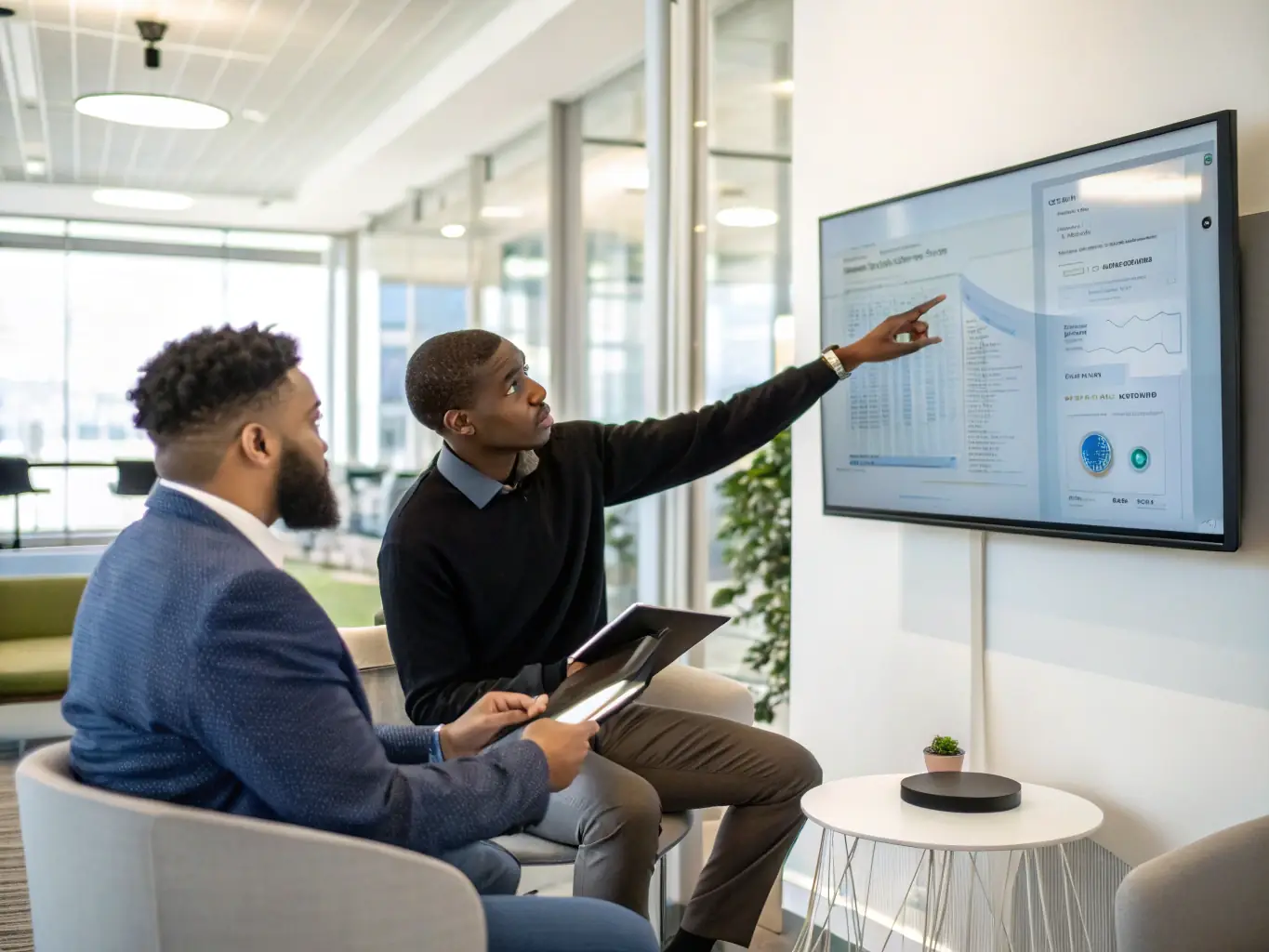 A consultant in a modern office setting, deeply engaged in a discussion about IT strategies with a client, surrounded by screens displaying data analytics and project timelines.