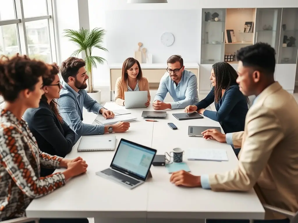 A diverse team of IT consultants collaborating around a table, brainstorming solutions for a client's digital transformation strategy. The image should convey professionalism, innovation, and a client-focused approach.