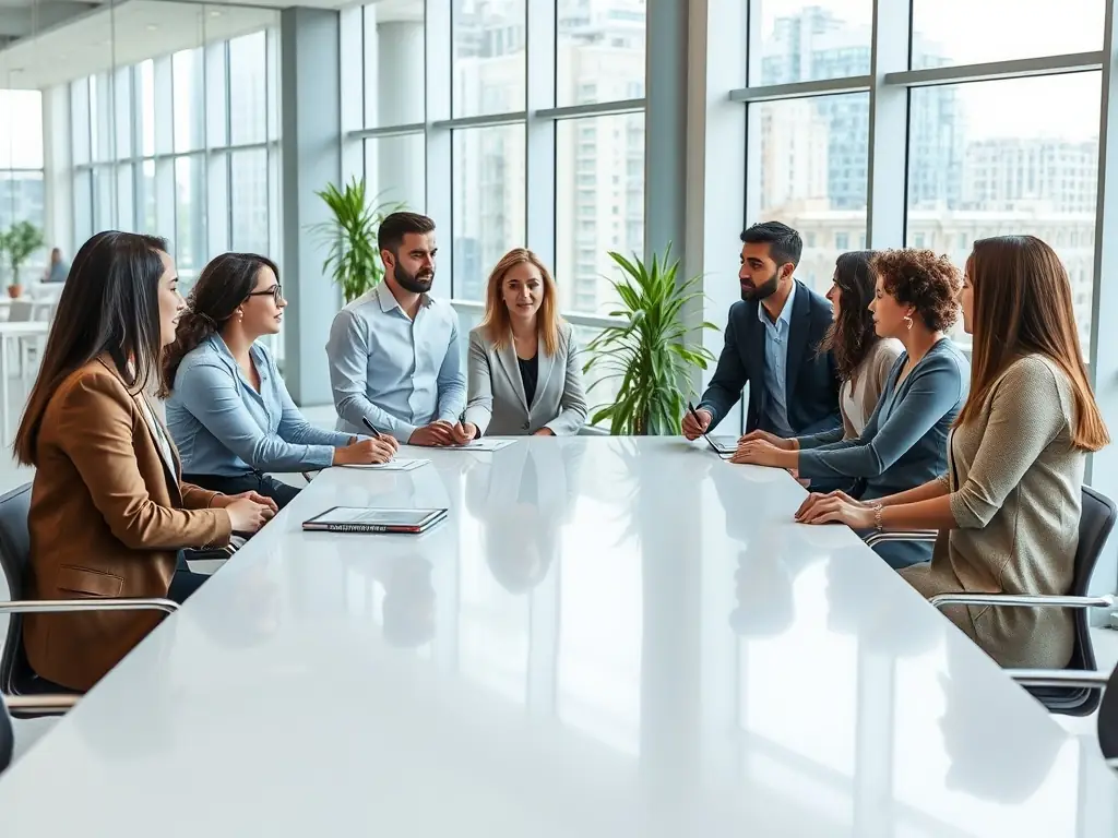 A modern office setting with consultants collaborating around a table, reviewing digital transformation strategies on a large screen.