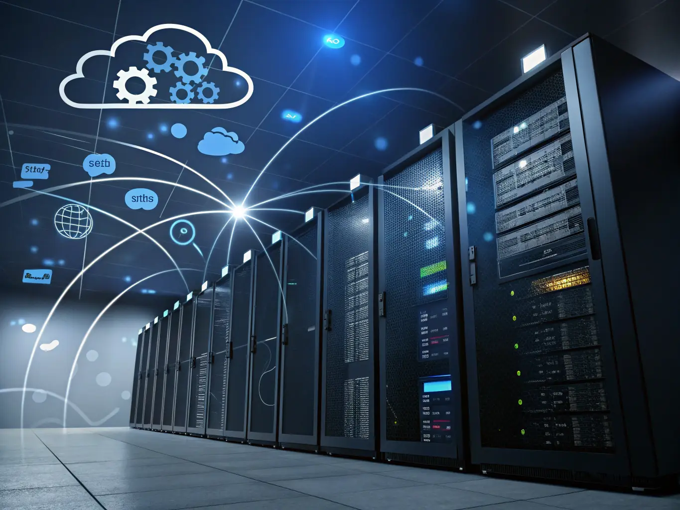 A visual representation of cloud computing, showing data flowing between devices and a central cloud server.