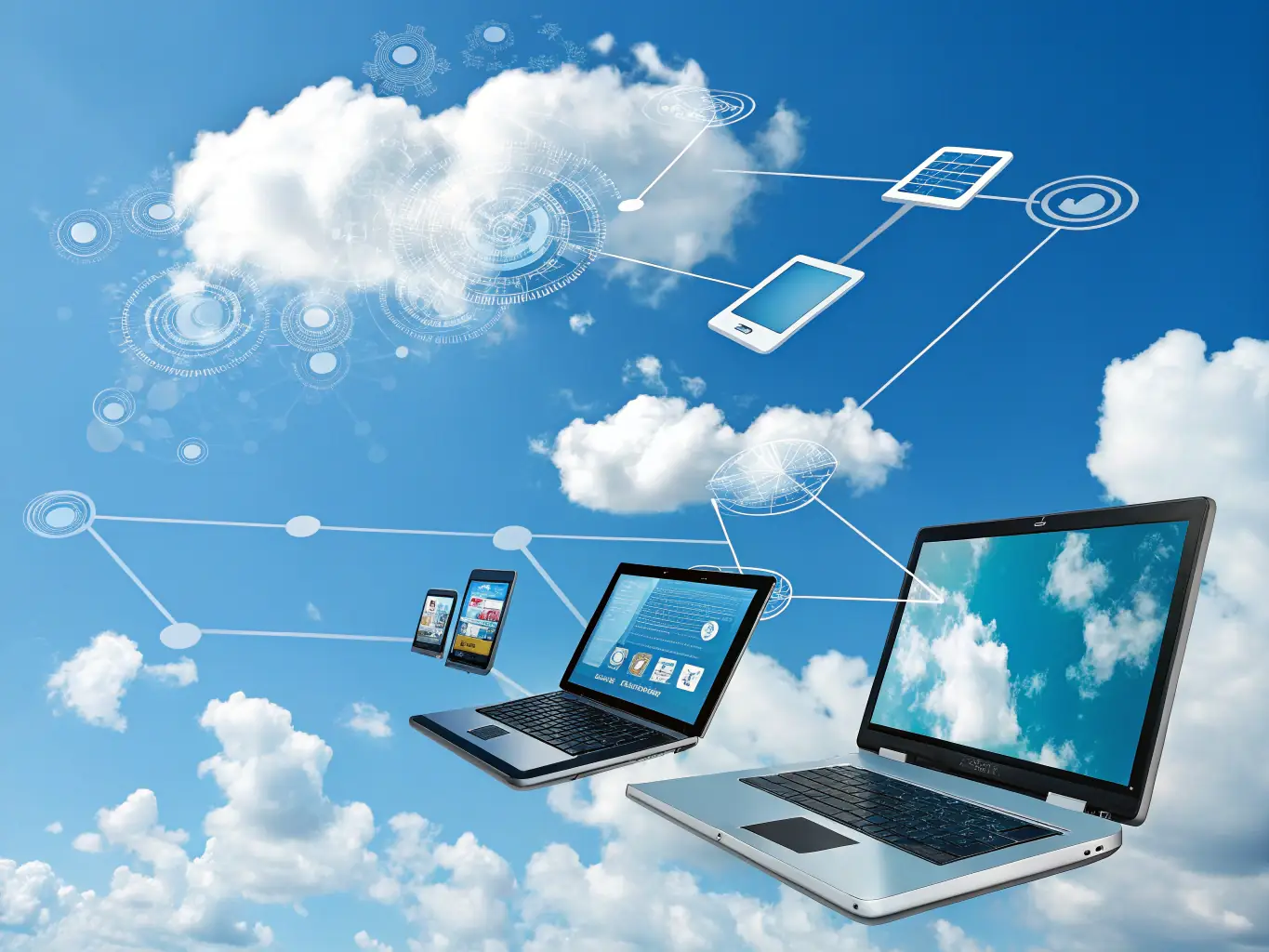 A visual representation of cloud computing, showing data flowing seamlessly between devices and servers. The image should convey scalability, flexibility, and accessibility.